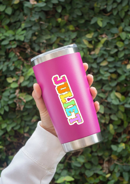 Custom Chenille Patch Name Sticker | Varsity-Inspired Personalized Vinyl Decal for Laptop & Water Bottle