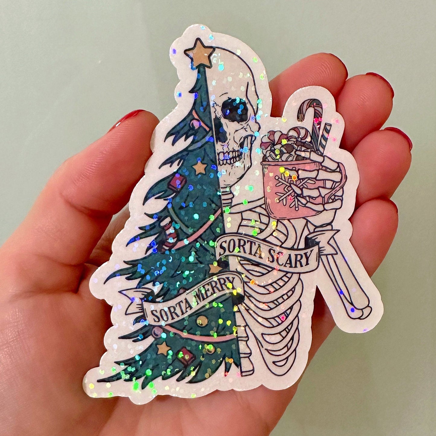 Merry Scary Skeleton Christmas Sticker | Funny Holiday Vinyl Decal for Laptop & Water Bottle