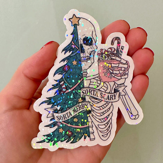 Merry Scary Skeleton Christmas Sticker | Funny Holiday Vinyl Decal for Laptop & Water Bottle