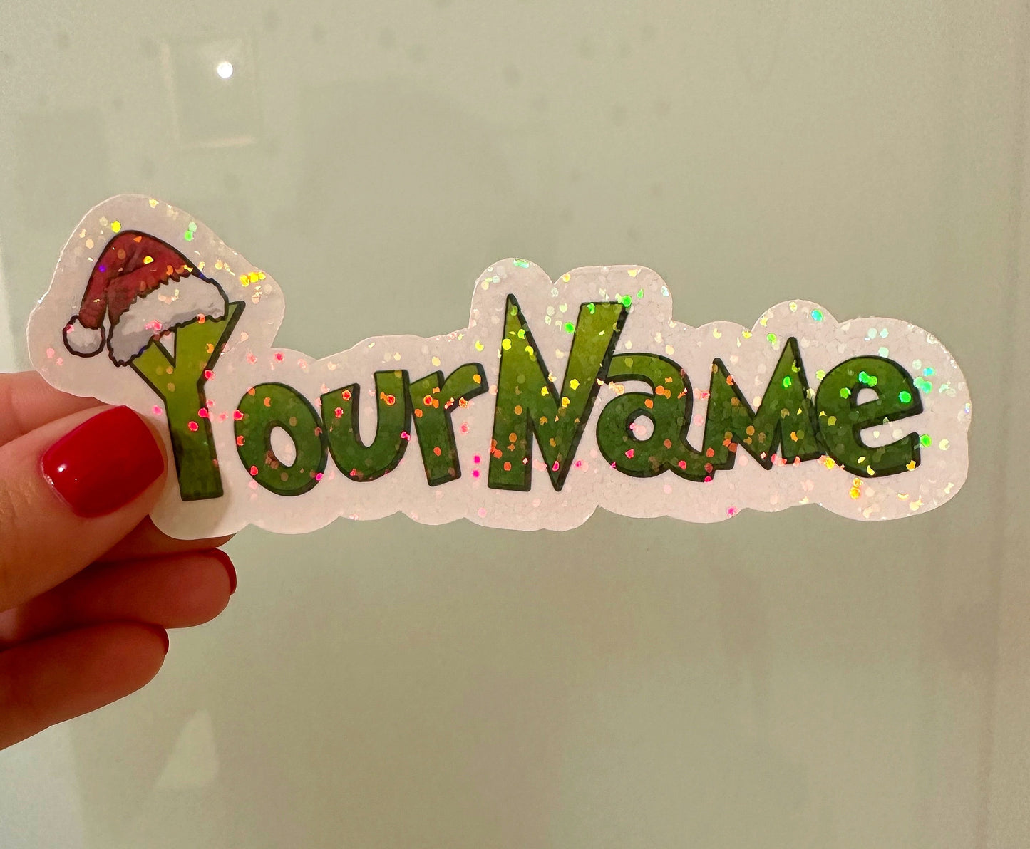 Custom Green Holiday Character Name Sticker | Personalized Christmas Vinyl Decal for Laptop & Water Bottle