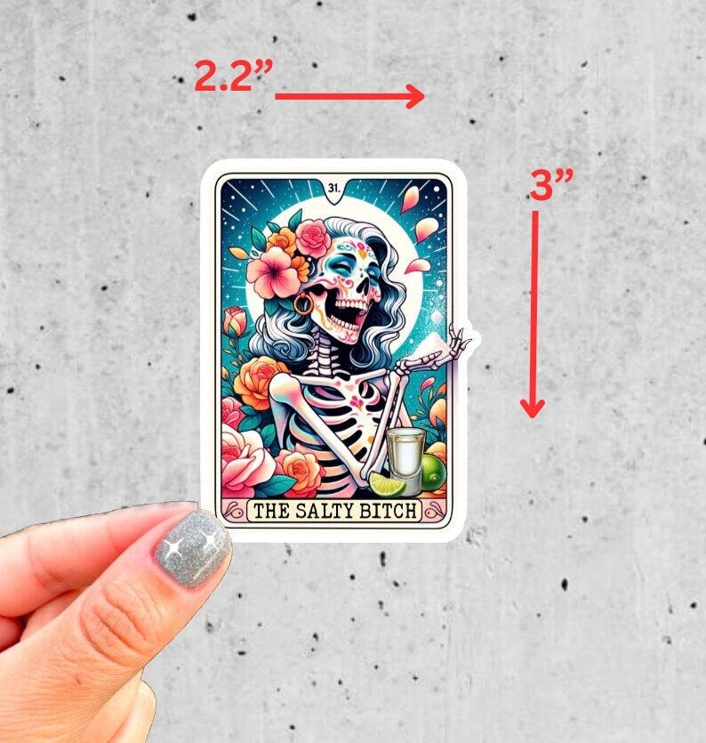 Salty Bitch Skeleton Tarot Card Sticker | Funny Sarcastic Vinyl Decal for Laptop & Water Bottle