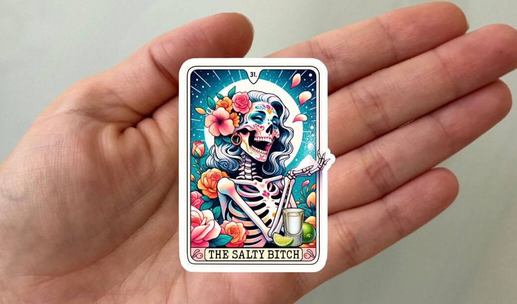 Salty Bitch Skeleton Tarot Card Sticker | Funny Sarcastic Vinyl Decal for Laptop & Water Bottle
