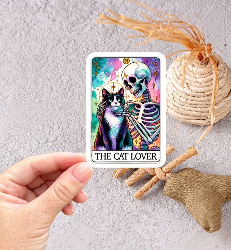 Cat Lover Skeleton Tarot Card Sticker | Funny Vinyl Decal for Laptop & Water Bottle