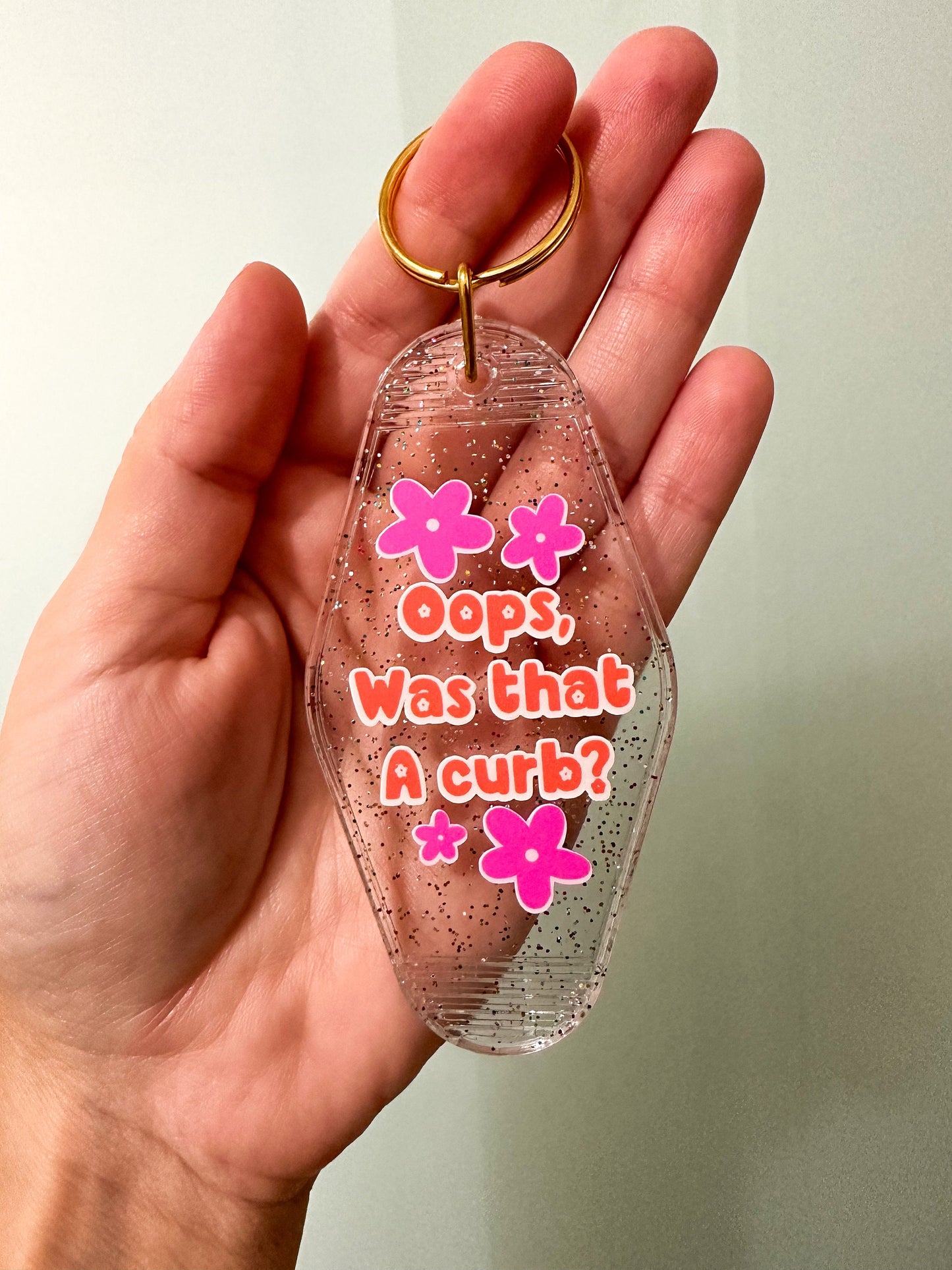 Glitter Motel Keychain "Oops Was That A Curb" | Funny Y2K Acrylic Keychain Gift