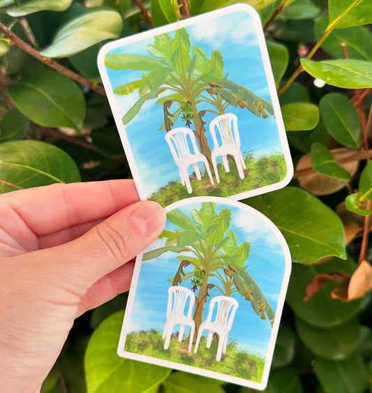 Debí Tirar Más Fotos Plantain Tree and Plastic Chair Sticker | Bad Bunny-Inspired Puerto Rico Vinyl Decal for Laptop & Water Bottle