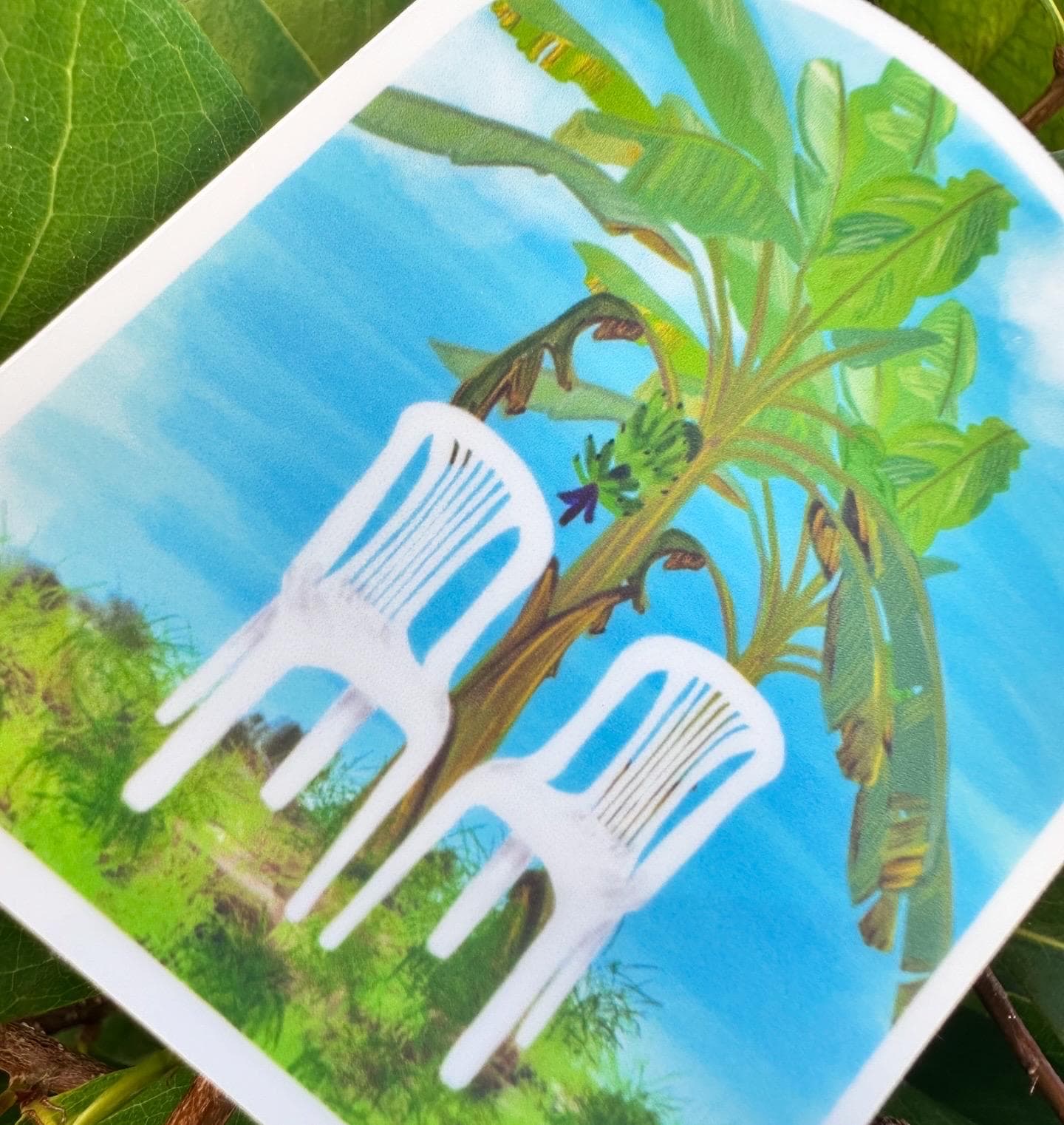 Debí Tirar Más Fotos Plantain Tree and Plastic Chair Sticker | Bad Bunny-Inspired Puerto Rico Vinyl Decal for Laptop & Water Bottle