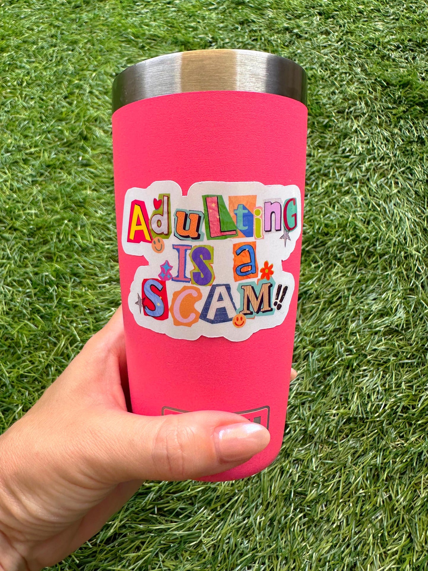 Adulting Is a Scam Sticker | Funny Sarcastic Vinyl Decal for Laptop & Water Bottle