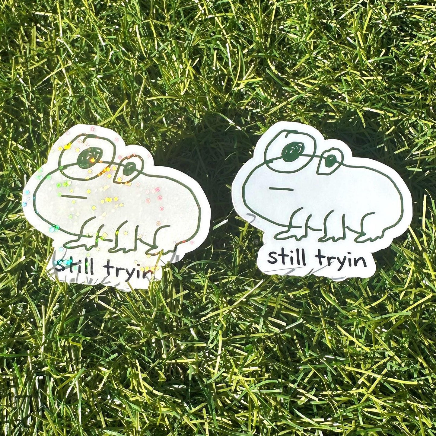 Funny Still Triyin Frog Sticker | Sarcasm Meme Vinyl Decal for Laptop & Water Bottle