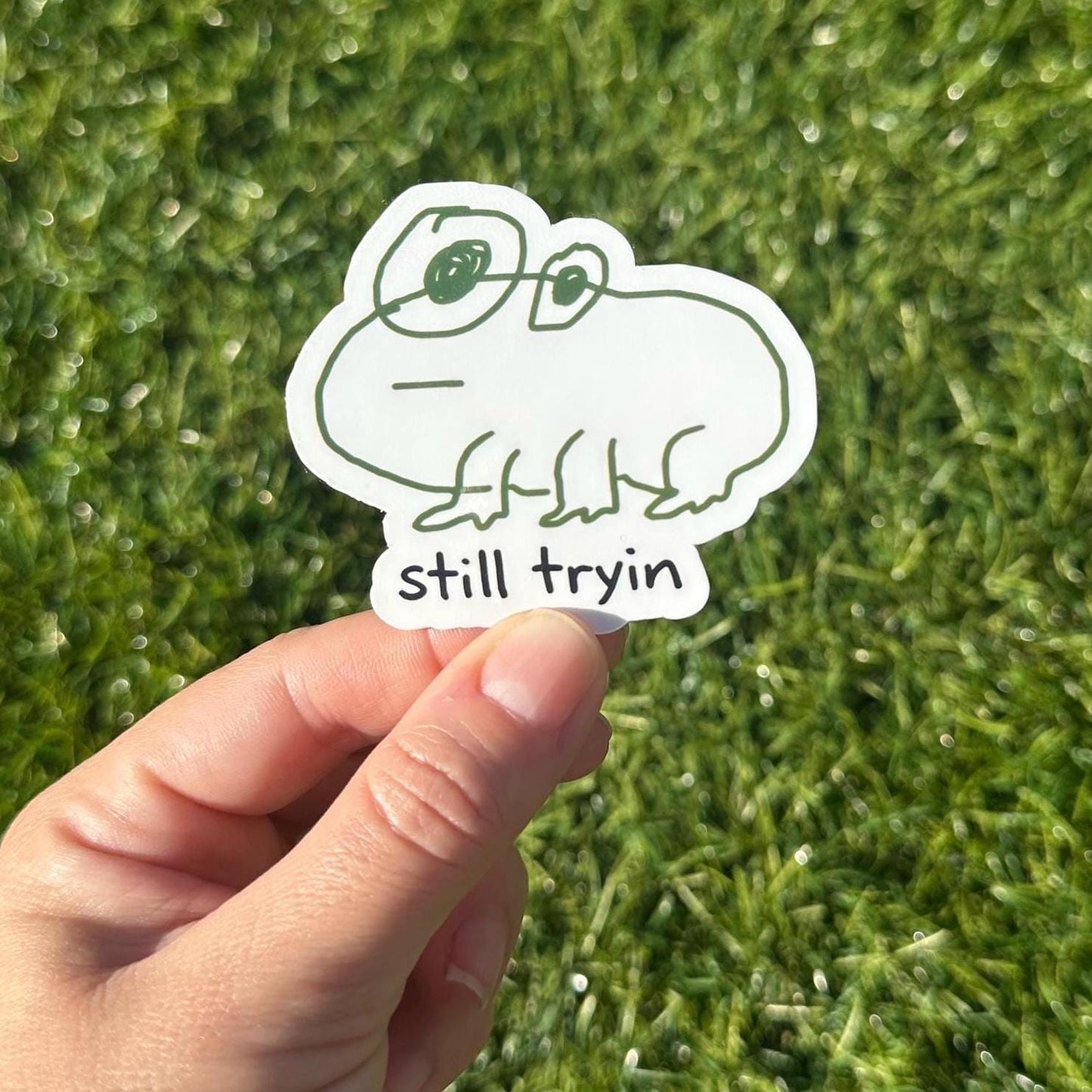 Funny Still Triyin Frog Sticker | Sarcasm Meme Vinyl Decal for Laptop & Water Bottle